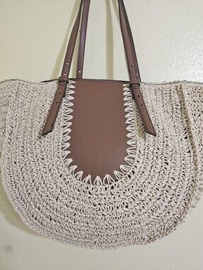 a.n.a Cream Woven Tote with Brown Trim and Straps